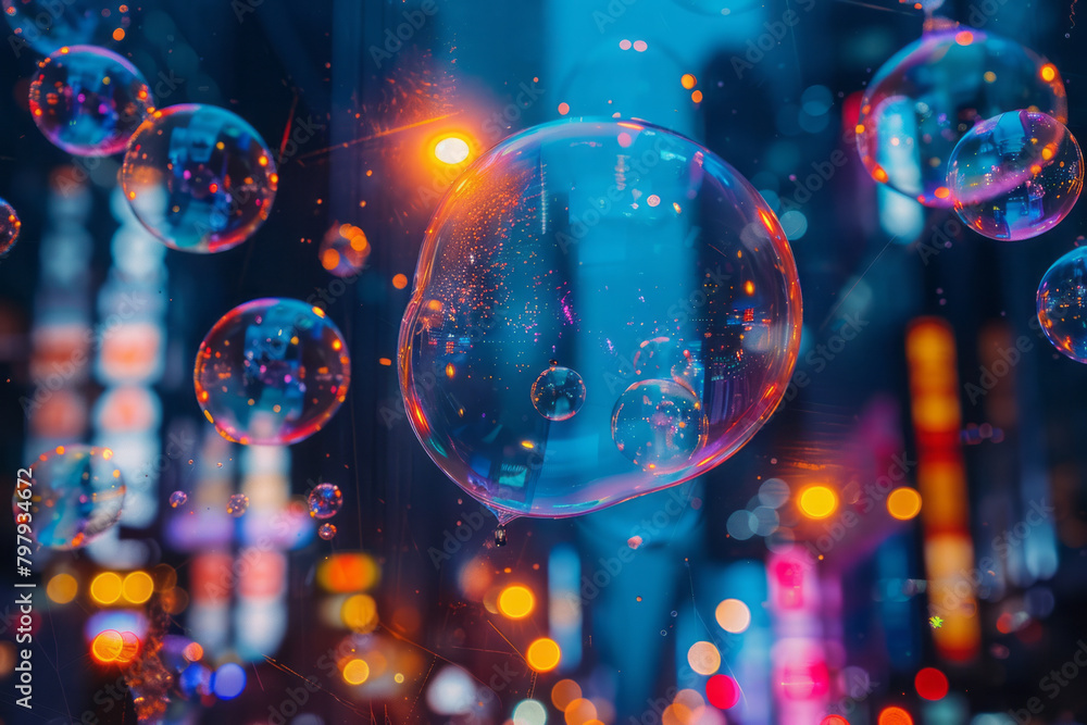 Poster a vibrant bubble chart representing population density in major metropolitan areas, with bubbles flo