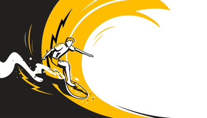 A man surfing on big wave. Vector illustration of trendy doodle art and abstract cartoon character