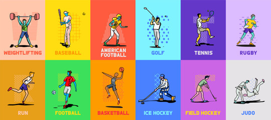 Set of sport players in different activities. Trendy doodle art and abstract cartoon character