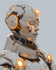 Portrait of a futuristic android, exuding thoughtfulness with glowing orange accents, against a neutral backdrop.