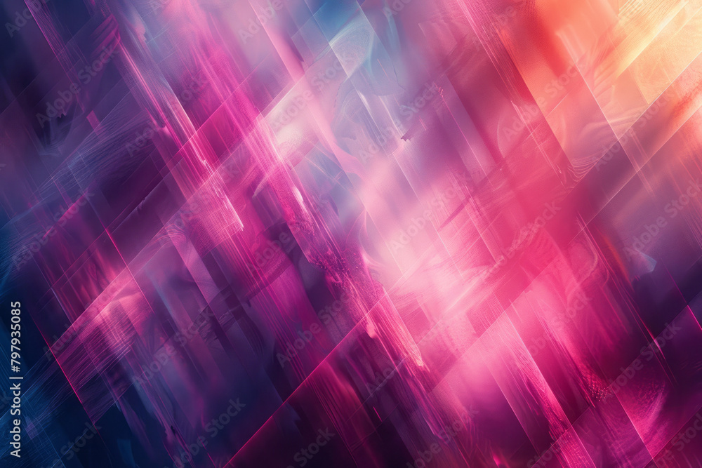 Poster A dynamic pattern where diagonal stripes intersect, forming a complex kaleidoscope of purples and pinks,