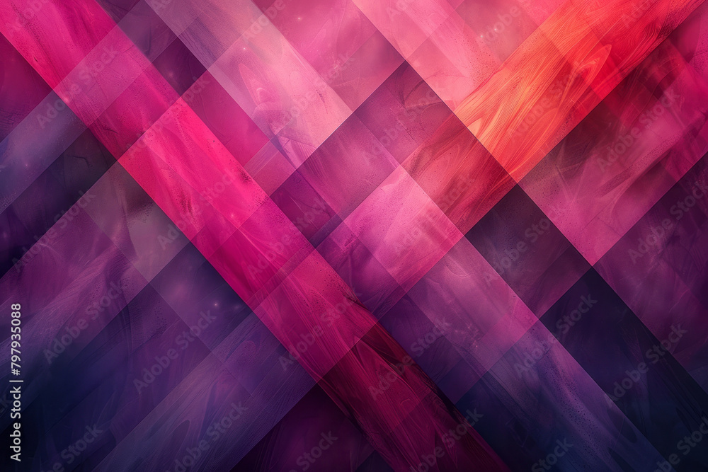 Poster A dynamic pattern where diagonal stripes intersect, forming a complex kaleidoscope of purples and pinks,