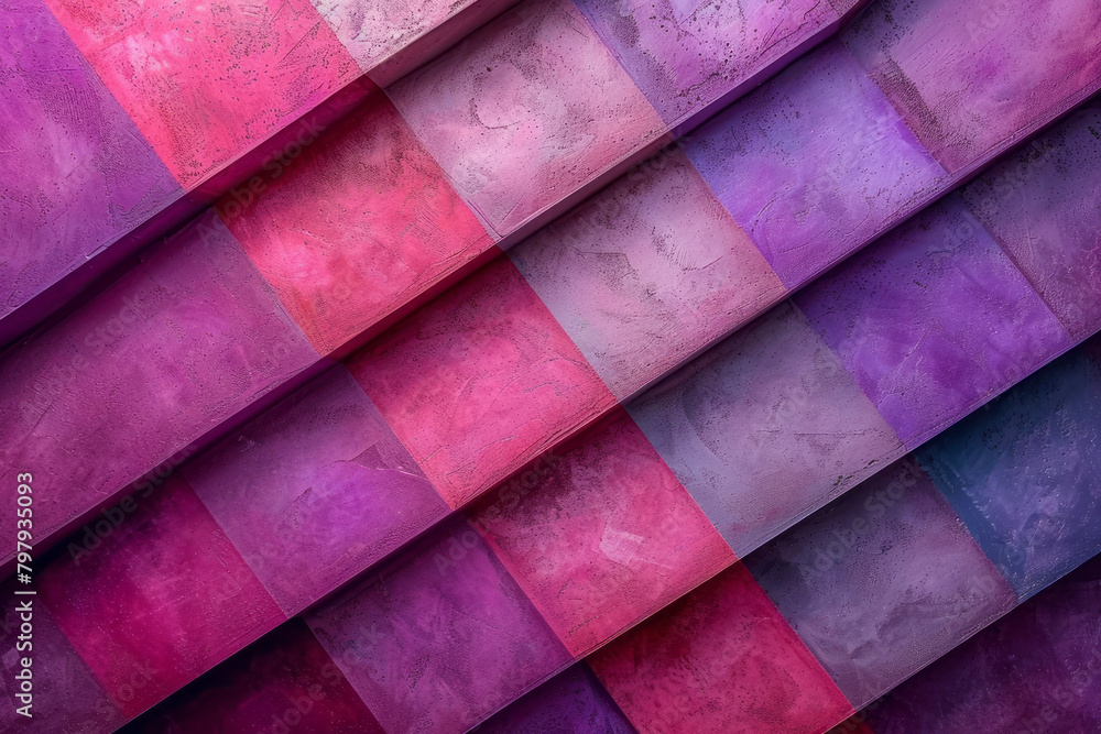 Poster a dynamic pattern where diagonal stripes intersect, forming a complex kaleidoscope of purples and pi