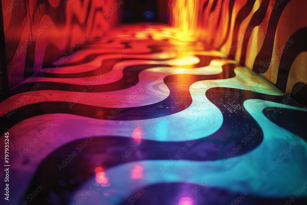 Fototapete A psychedelic pattern with stripes that appear to pulse and breathe, shifting through a spectrum of hot colors,