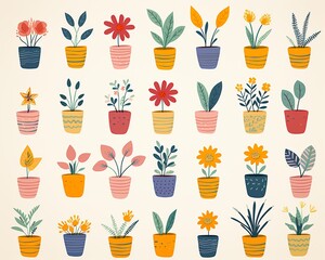 Colorful plants in pots, childlike graphic illustration, simple lines, repeating pattern ,  cute drawing