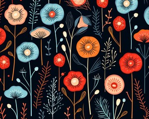 Handdrawn festive flowers, repeating birthday pattern for cheerful wrapping ,  simple lines drawing