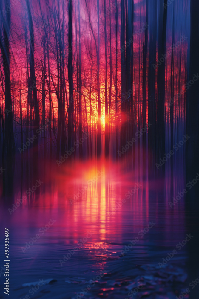 Poster an artistic interpretation of a sunset, where stripes blend seamlessly from warm oranges to dusky pu
