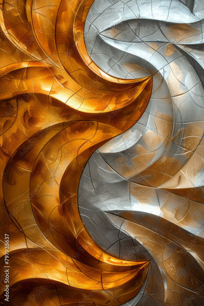 Poster a chic design with gold and silver stripes that curl into elegant, luxurious patterns,