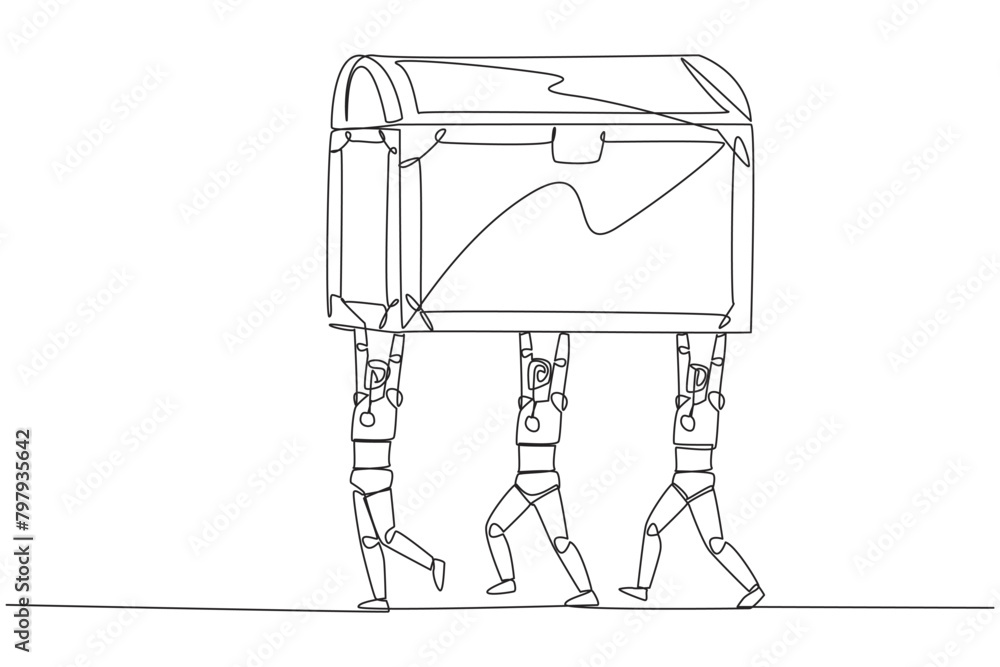 Poster single continuous line drawing group of robots work together carrying treasure chest. detect profita