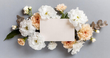 Beautiful Mock up composition of top view blank white sheet of paper with a frame of flowers. Mockup background with flower bouquet, blooming plants and empty space for text. Generative AI - 797935630