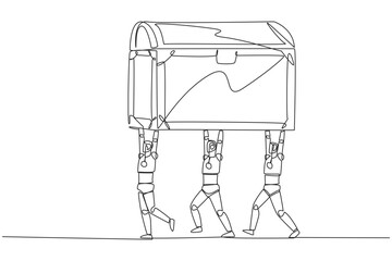 Single continuous line drawing group of robots work together carrying treasure chest. Detect profitable objects. Robots generate maximum profits. Future technology. One line design vector illustration