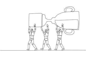 Continuous one line drawing group of robots work together carrying the trophy. Artificial intelligence sees opportunities to win. Future technology concept. Single line draw design vector illustration