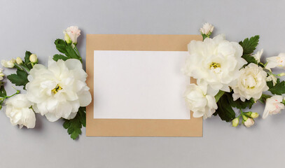 Beautiful Mock up composition of top view blank white sheet of paper with a frame of flowers. Mockup background with flower bouquet, blooming plants and empty space for text. Generative AI - 797935819