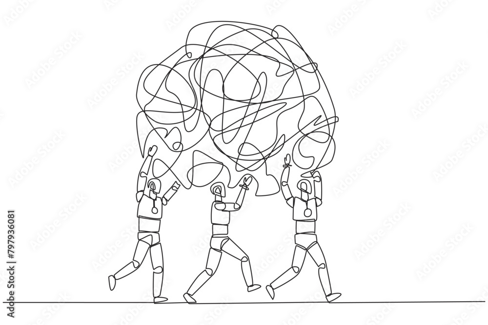 Poster single continuous line drawing group of robots work together carrying heavy messy circle. get rid of