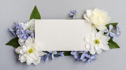 Beautiful Mock up composition of top view blank white sheet of paper with a frame of flowers. Mockup background with flower bouquet, blooming plants and empty space for text. Generative AI - 797936054