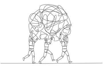 Single continuous line drawing group of robots work together carrying heavy messy circle. Get rid of sadness. Without stress and excessive anxiety. Future tech AI. One line design vector illustration