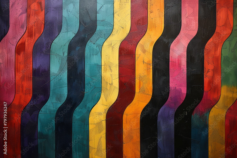 Poster a bold pattern with stripes that shift in color and thickness, creating a pulsating visual effect,
