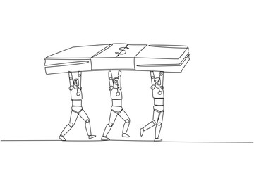 Single one line drawing group of robots working together carrying stack of banknotes. Fund the required research results itself. Future technology concept. Continuous line design graphic illustration