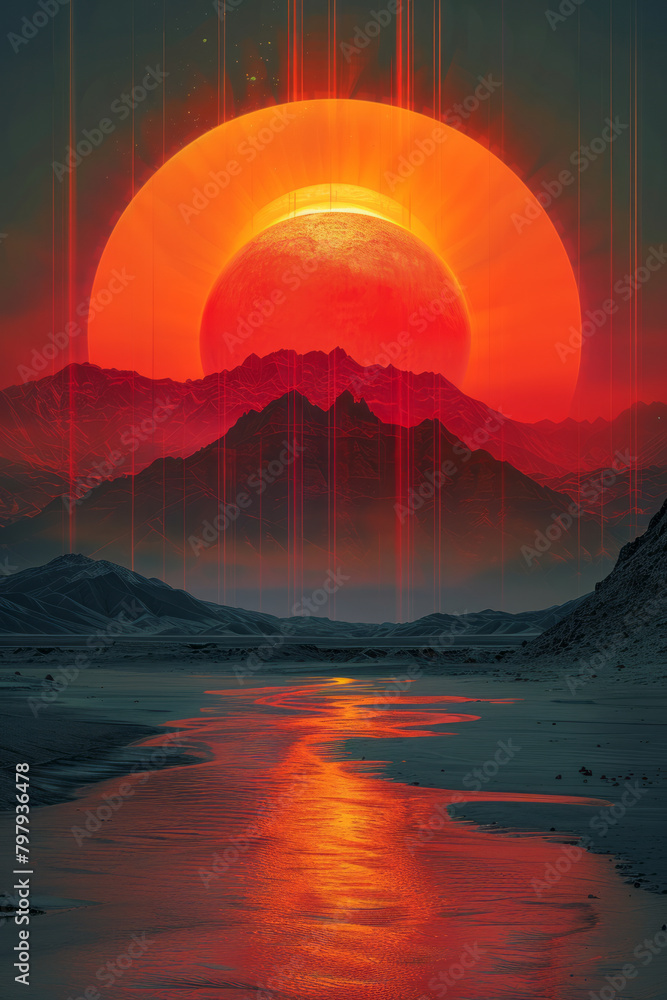 Poster A dynamic artwork where stripes use gradient transitions to mimic the illusion of a sun setting behind mountains,