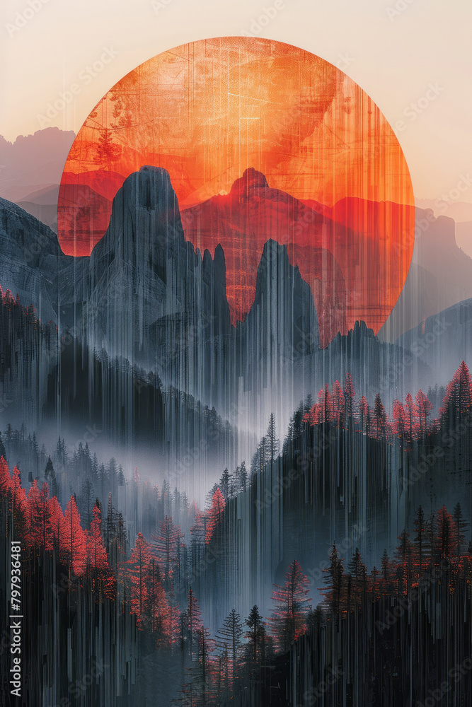 Poster a dynamic artwork where stripes use gradient transitions to mimic the illusion of a sun setting behi