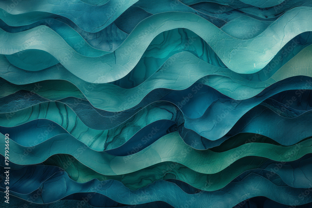 Poster A seamless pattern of undulating waves made from alternating blue and green geometric stripes,