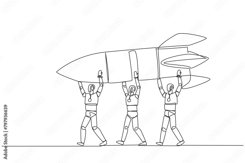 Poster single continuous line drawing a group of robots work together carrying a rocket. new branch. manage