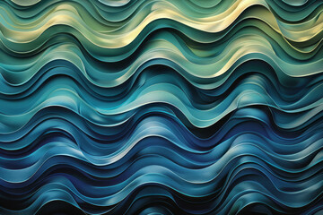 A seamless pattern of undulating waves made from alternating blue and green geometric stripes,