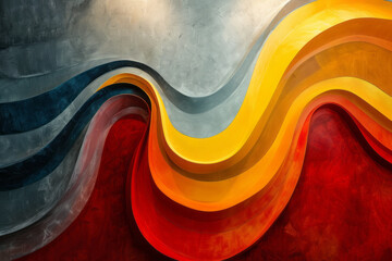A bold artwork with thick, curving stripes in contrasting colors of red and yellow, evoking movement,