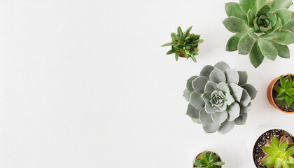 Top view of different cacti and succulents, indoor plants in pots arranged on a white table. Mock up background with pots flowers and empty space for text. Generative AI - 797936811