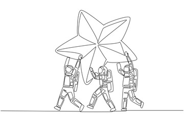 Single one line drawing a group of astronauts work together carrying star. Dreams come true. Expedition on the lunar surface. Cosmonaut outer space concept. Continuous line design graphic illustration
