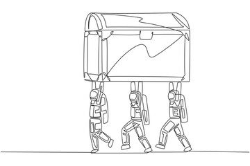 Single one line drawing group of astronauts work together carrying treasure chest. Valuable discoveries from the moon. Invaluable. Fun expedition. Spaceman. Continuous line design graphic illustration