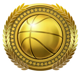 A round golden badge dedicated to the sport of basketball, adorned with a laurel wreath and stars, featuring a basketball ball at its center. 3D illustration