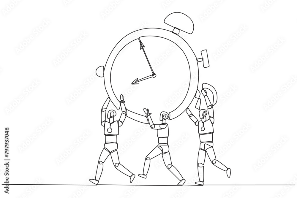 Aufkleber single one line drawing group of robots work together carrying alarm clock. limited trial time. arti