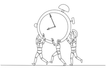 Single one line drawing group of robots work together carrying alarm clock. Limited trial time. Artificial intelligence should be released soon. Technology. Continuous line design graphic illustration