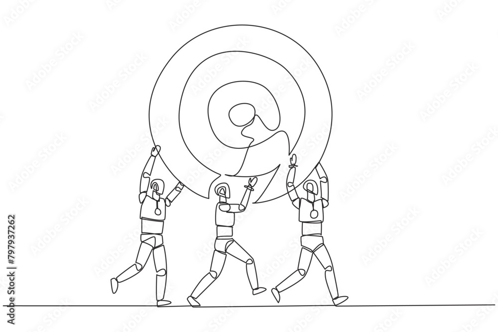 Poster single continuous line drawing group of robots work together carrying arrow target board. work toget