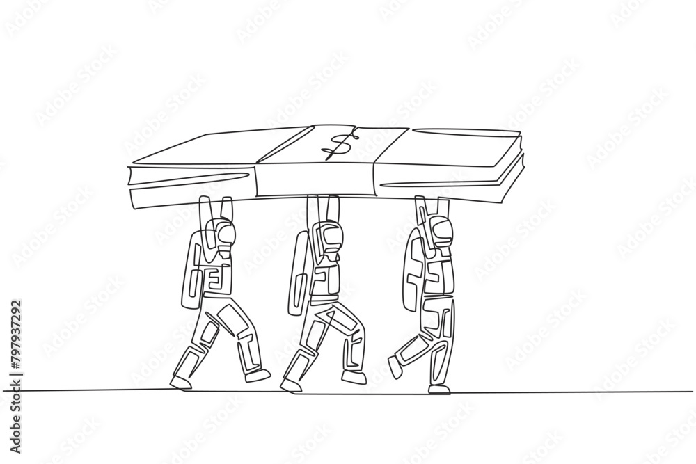 Poster single continuous line drawing group of astronauts working together carrying stack of banknotes. wor