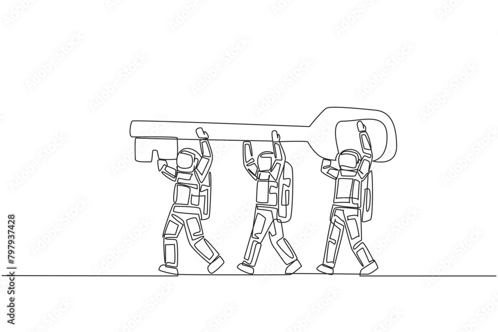Poster continuous one line drawing group of astronauts work together carrying the key. offer the best solut