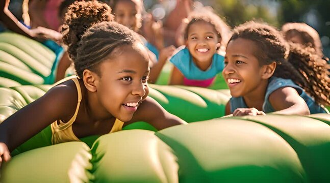 Lachende Kinder haben Spa&szlig; auf H&uuml;pfburg