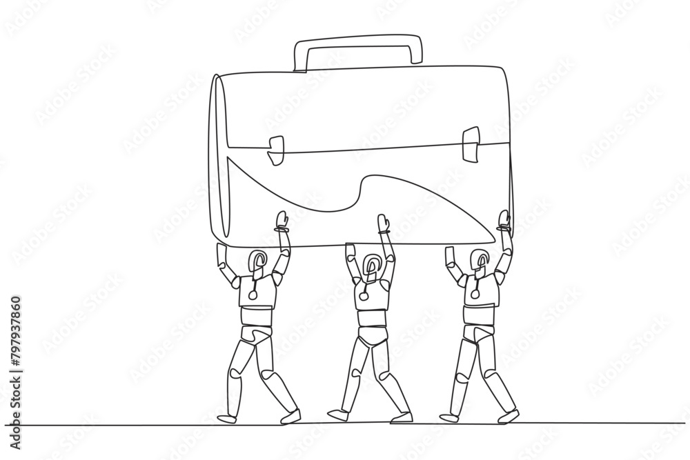 Poster single continuous line drawing group of robots work together carrying a briefcase. test artificial i