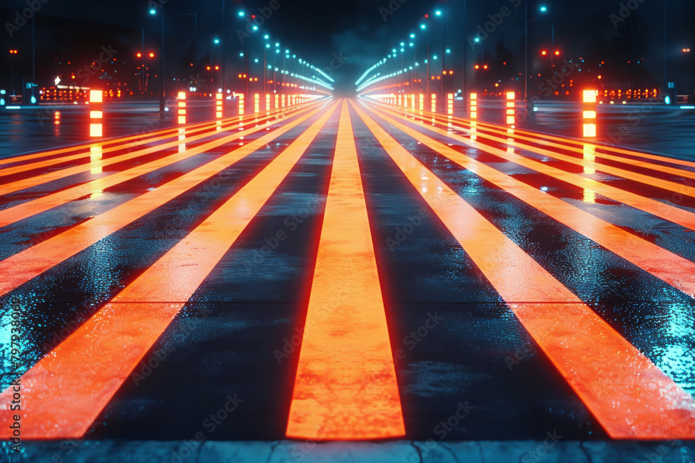 Poster a futuristic pattern with neon orange and white stripes that twist and turn like circuitry on a dark