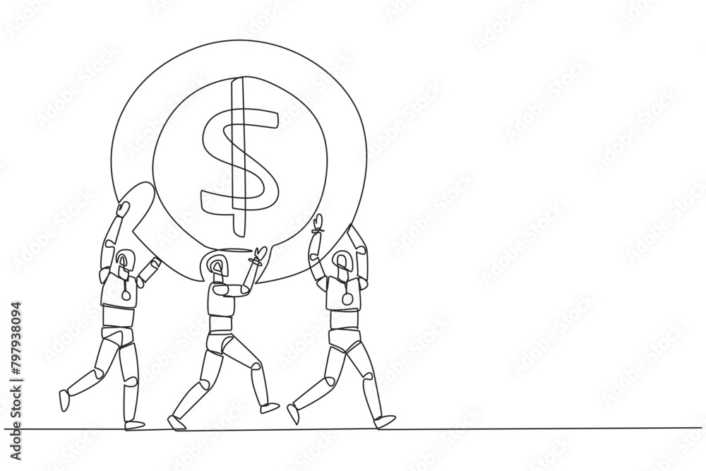 Poster single one line drawing group of robots work together carrying a dollar symbol coin. add little capi