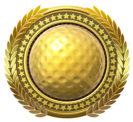 A round golden badge dedicated to the sport of golf, adorned with a laurel wreath and stars, featuring a golf ball at its center. 3D illustration