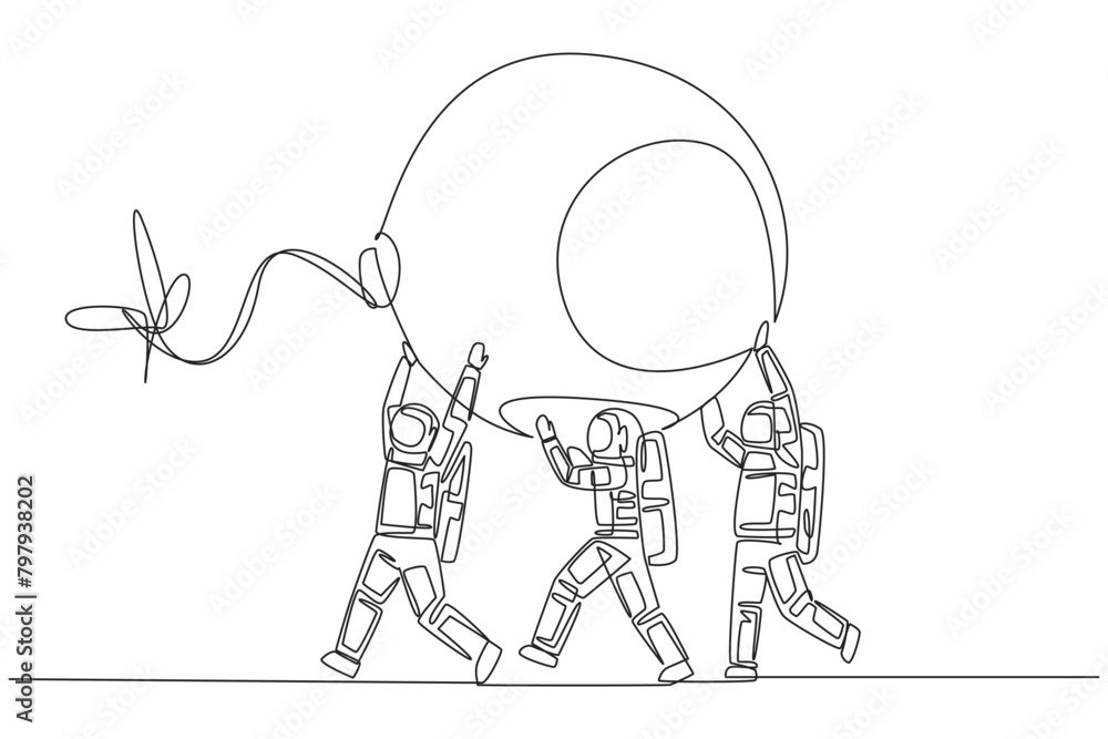 Poster continuous one line drawing group of astronauts work together carrying a big bomb with fuse lit. thr