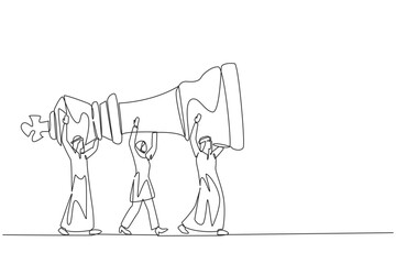 Continuous one line drawing group of Arab businessmen and Arab businesswomen work together carry the king's chess pieces. Play strategy carefully. Profit. Single line draw design vector illustration