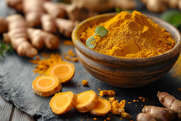 Bowl of turmeric powder and fresh whole and sliced