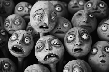 A striking black and white image of 'egghead' figures with exaggerated fearful expressions, suitable for thematic artistic expressions. - obrazy, fototapety, plakaty