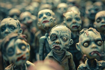This unsettling image features a crowd of zombie figurines, offering a perfect visual for horror themes, Halloween, or spooky events.