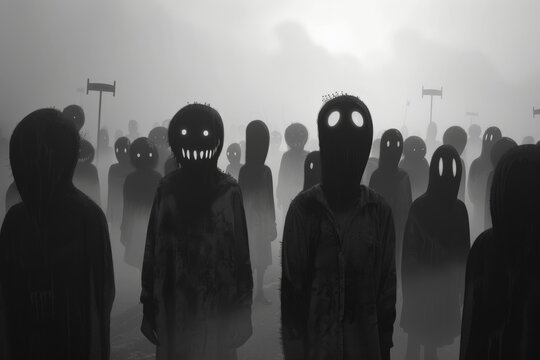 A chilling group of figures in the fog, perfect for themes of suspense, horror, and the unknown in cinematic or literary works.