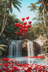 Romantic Valentine's Day celebration with red heart balloons, roses and gifts on wooden background