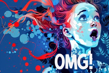 This pop art illustration vividly captures a woman's expression of shock, utilizing a bold color palette, suitable for advertising and design. - obrazy, fototapety, plakaty